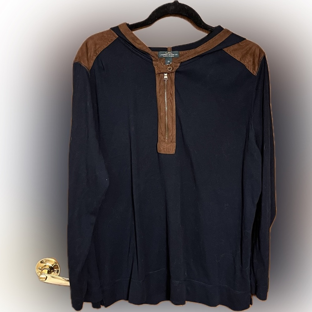 Lauren Ralph Lauren Hoodie 2X Navy Brown Faux Suede Trim Zip Soft Stretch Preppy